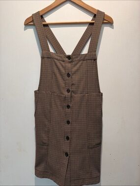 Topshop Brown Check Button-Front Pinafore Dress